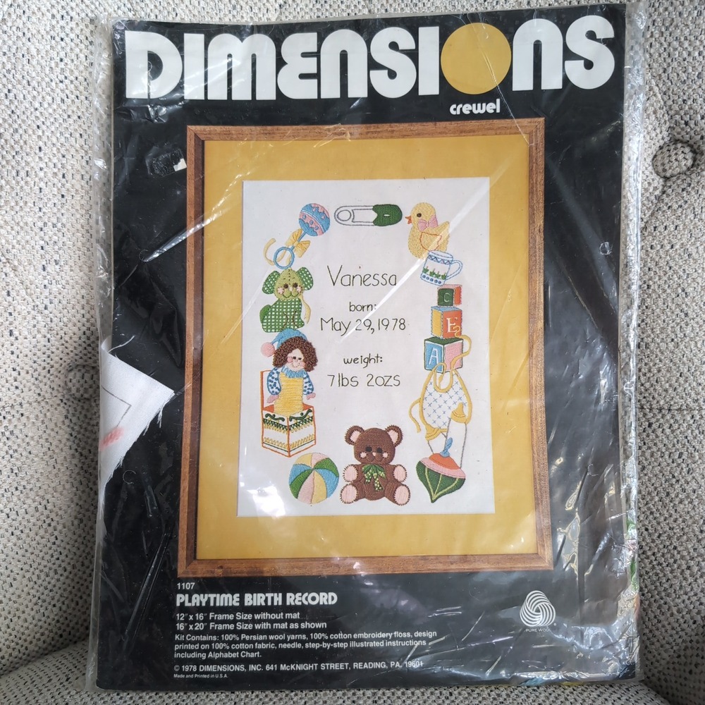Vintage Dimensions Playtime Birth Record Crewel Kit 1107 1978 Nursery Sealed NOS